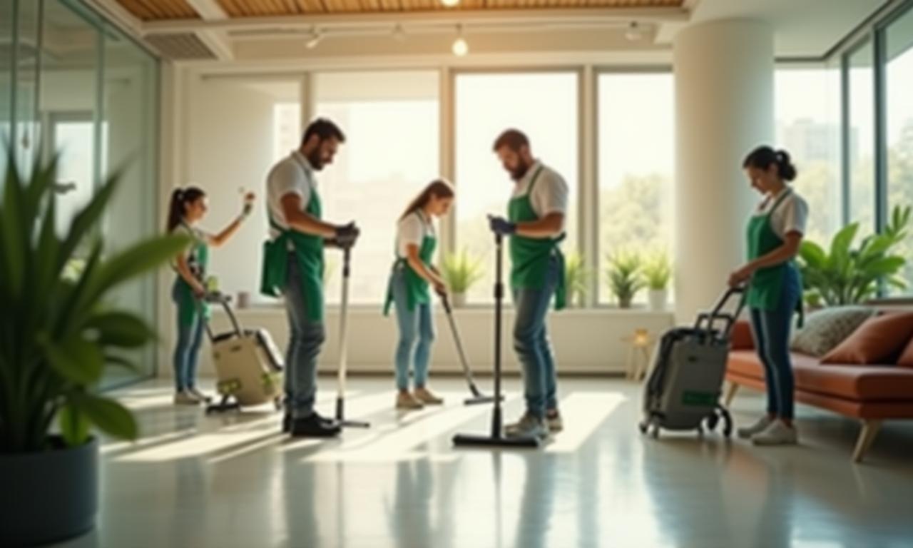 Equipe Limpeza Verde realizando serviços sustentáveis - ambiente iluminado em São Paulo